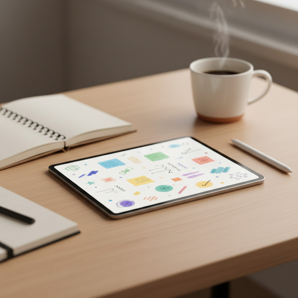 Stylized top-down view of a digital notebook setup showing a tablet with colorful handwritten notes and sketches, a stylus beside it, a blurred coffee cup in the background and a paper notebook partially visible for contrast.